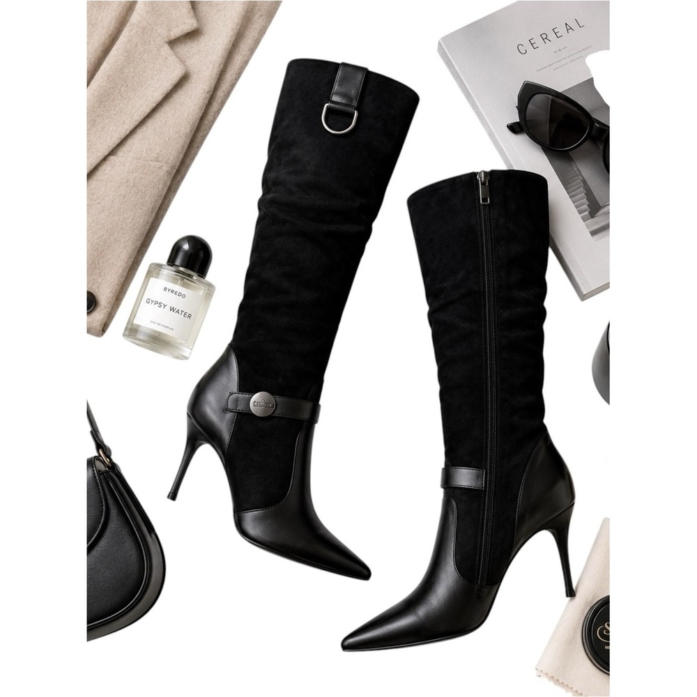 Icone Italy Black Pony Hair Leather Knee High Stiletto Boots EU 36 Designer